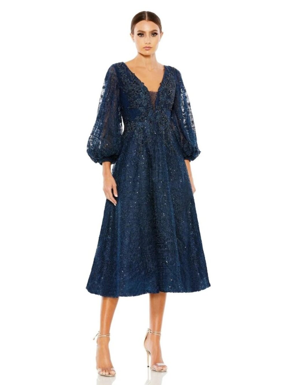 Mac Duggal Midnight Blue Floral Embroidered Beaded Midi Gown